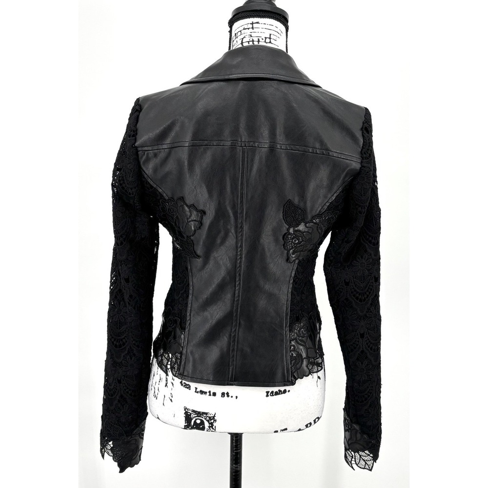 GUESS Los Angeles Moto Jacket Size Small Black Faux Leather Lace Floral Zip - Picture 2 of 8